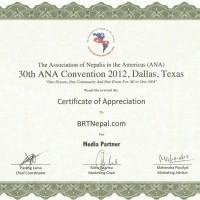 Certificate of Appreciation for BRTNEPAL.COM at 30th ANA Convention 2012 Dallas, TX